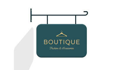 A dark teal boutique sign with BOUTIQUE in gold text