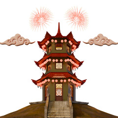 Chinese New Year Traditional Tower Building Front View