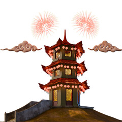 Chinese New Year Traditional Tower Building Side View