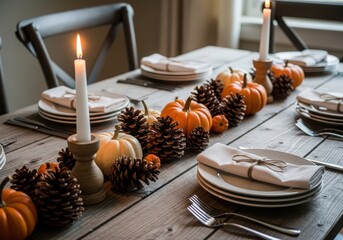 Thanksgiving table setting with pumpkins, pinecones, and candles