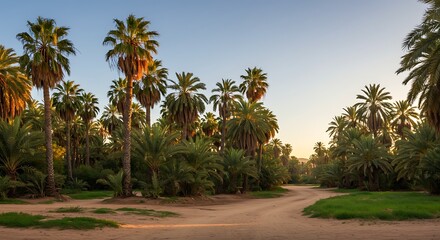 Serene panoramic view featuring palm trees, a dirt path, and lush vegetation