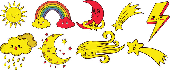 Cheerful kawaii weather banner featuring cute sun, rainbow, moon, stars, clouds, and playful cartoon elements