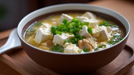 A close up of a bowl of savory tofu soup garnished with fresh green onions