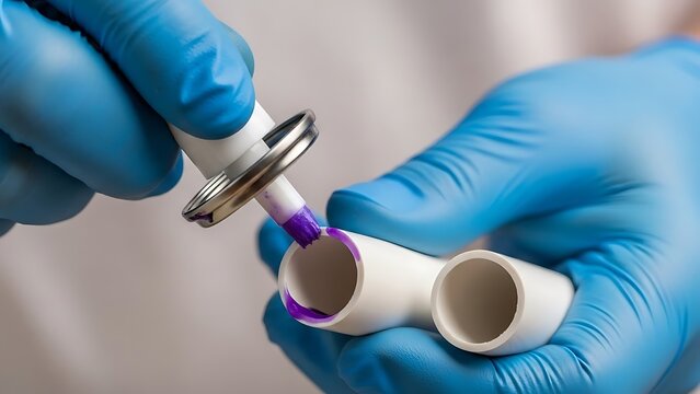 Connecting PVC pipes with solvent cement, plumber wearing protective gloves