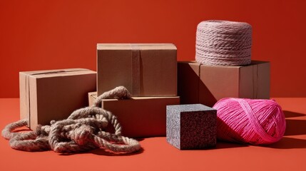 Stack of cardboard boxes with yarn rope and decor on red background for packaging product branding photography concept studio composition