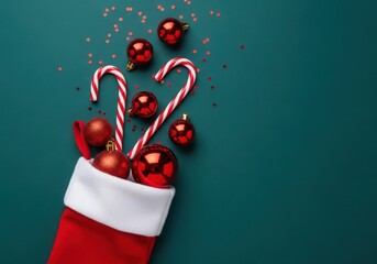 Christmas stocking filled with ornaments and candy canes
