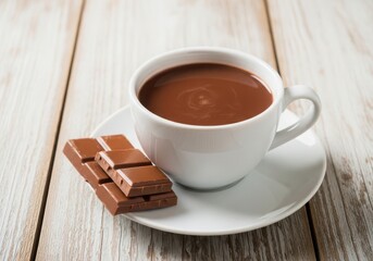 Cup of hot chocolate with chocolate bar on wooden table