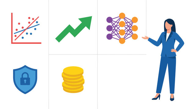 Businesswoman Presenting Data Analytics AI Finance Icons Growth Security Investment