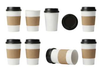 White disposable coffee cups with brown kraft sleeves, black lids, some open, arranged on a transparent background with copy space, bright studio lighting, commercial branding concept