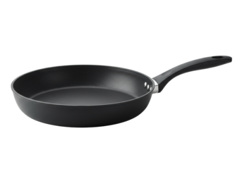 Modern, sleek deep black non-stick cast aluminum frying pan with ergonomic handle, silver accent, isolated on transparent background with copy space. Concept for kitchenware branding