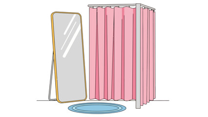 A fulllength mirror stands next to a pink changing room with a blue rug