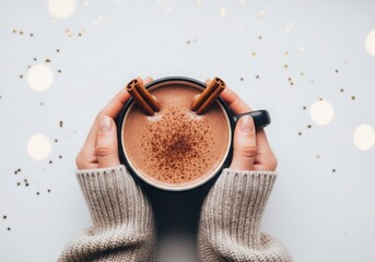 Hands holding a mug of hot chocolate with cinnamon sticks