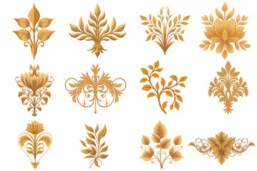 Golden Ornament Designs: A curated collection of elegant golden ornaments, showcasing intricate leaf patterns and floral motifs, perfect for adding a touch of sophistication and luxury to any design.