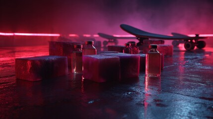 Red neon cubes under dramatic lighting for futuristic product display concept or modern visual advertisement background
