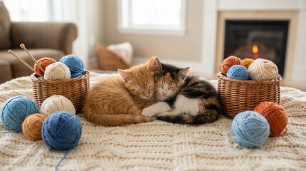 Two sleeping kittens with yarn balls on soft blanket. Two cute kittens sleeping on a soft blanket surrounded by yarn balls and wicker baskets, cozy domestic scene