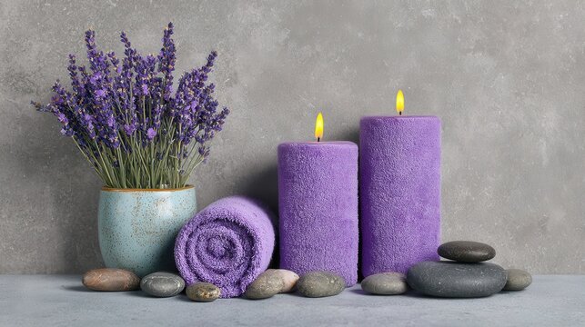 Purple candles lavender with spa stones for relaxation - Powered by Adobe