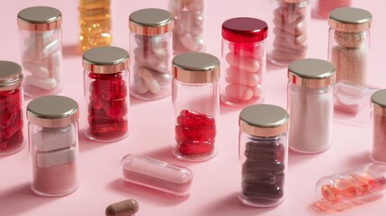 Jars of pills and supplements on pink background for pharmaceutical marketing or wellness product branding visual content