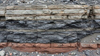 Multi-layered sedimentary rock formation with distinctive horizontal strata