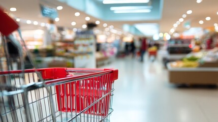 Red shopping cart inside grocery store aisle for retail marketing visuals or supermarket product branding and advertisement