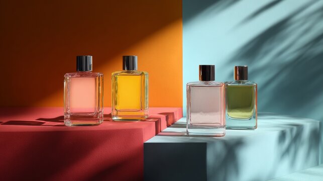 Three colorful perfume bottles on vibrant background for fragrance marketing visuals or cosmetic product branding concepts