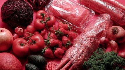 Fresh vegetables wrapped in plastic for food packaging branding or organic grocery advertisement and sustainability presentation visuals