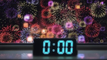 digital clock hits zero beneath vibrant new year fireworks marking the exciting moment of midnight celebration and a new era