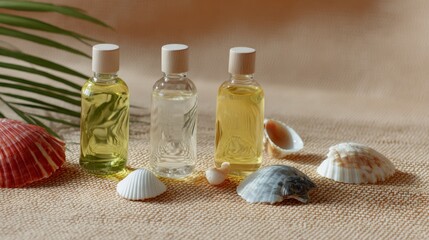 Spa essential oils with shells on beige towel background for beauty wellness branding or aromatherapy product advertisement concepts