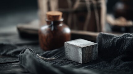 Dark themed product still life with pottery and wooden boxes for traditional artisanal branding or vintage product advertisement visuals