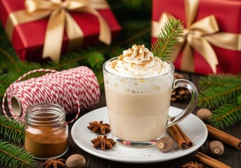 Holiday latte with whipped cream, cinnamon, and festive decorations