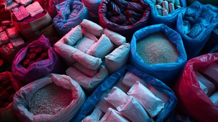 Colorful spices and powders in fabric sacks displayed at traditional market for organic product branding or culinary advertisement visuals