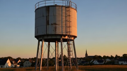 Rustic water tower in a quiet sunset suburban landscape with church spire
