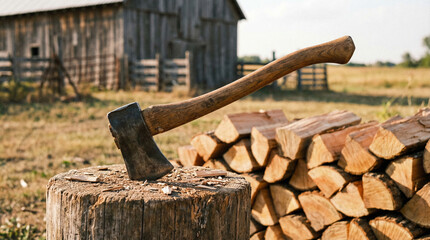 Axe embedded in stump with stacked firewood behind