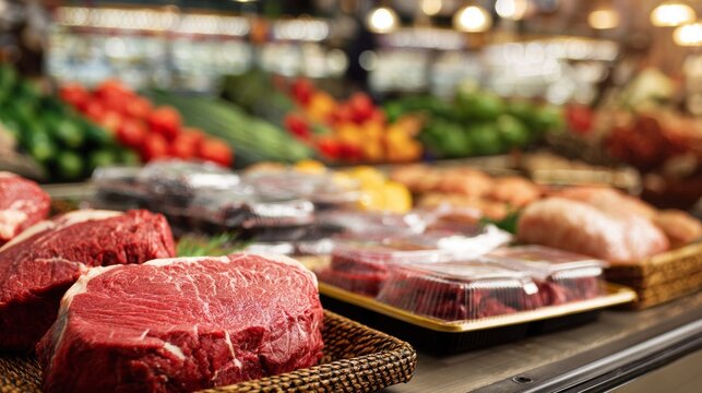 Raw meat selection on trays in butcher counter for meat market packaging branding or protein product food photography visual presentation