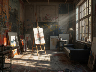 An easel and a black leather sofa in an artist's studio are illuminated by sunlight. A creative yet cluttered workspace.