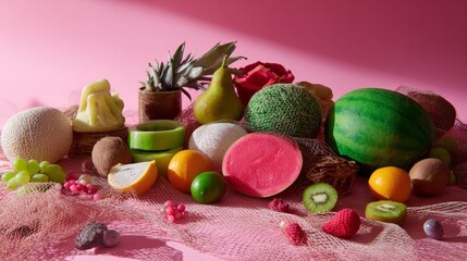 Colorful candy and sweets scattered on pink background for fun dessert product branding or packaging display advertisement presentation visuals concept