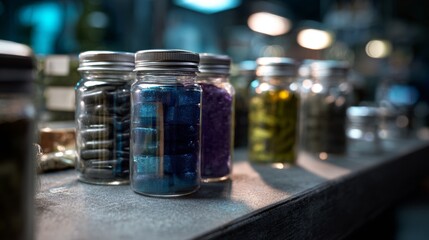 Glass spice jars with colorful contents on display shelf for culinary product packaging or market advertisement presentation visuals branding concept design