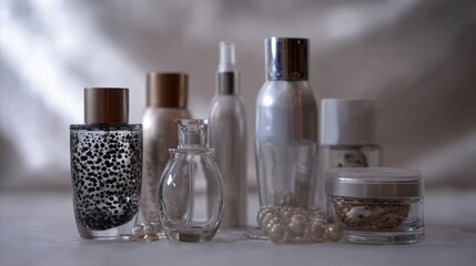 Elegant perfume bottles on satin background for luxury fragrance branding or cosmetic product packaging advertisement presentation visuals display photography