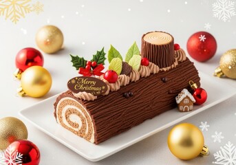 Christmas log cake with decorations and ornaments