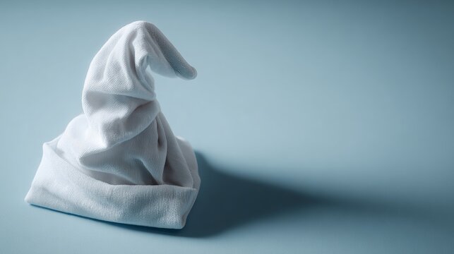 White towel shaped like a bunny on pastel blue background for spa or hotel product branding presentation packaging display concept advertisement visuals