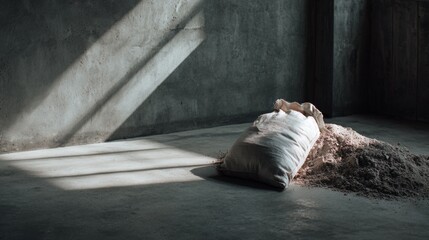 Sacks of soil in industrial warehouse lighting for raw material branding packaging product advertisement logistics concept presentation visuals storage agriculture