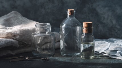 Transparent vintage glass bottles on rustic background for apothecary aesthetic product photography branding advertisement packaging visuals concept display presentation