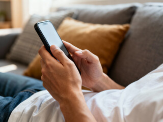 Person on smartphone on gray couch. Suitable for technology blogs, lifestyle websites, social media posts, and digital marketing materials.