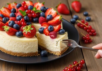 Cheesecake with fresh berries and strawberries on a plate