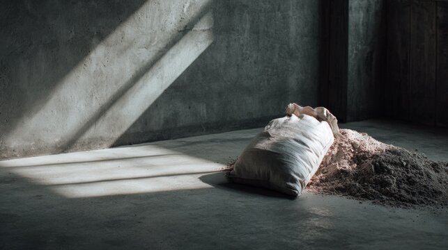 Sacks of soil in industrial warehouse lighting for raw material branding packaging product advertisement logistics concept presentation visuals storage agriculture