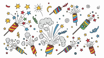 A vibrant collection of hand drawn fireworks and party popper doodles.