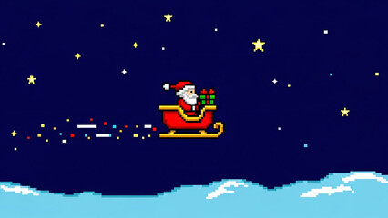 A pixel art depiction of Santa Claus in his sleigh flying through a starry night sky above white clouds, leaving a colorful trail.