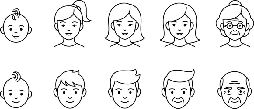 Human life stages: a visual representation of aging from infancy to old age for both genders
