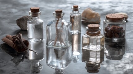 Rustic glass bottles and spices on stone surface for vintage product branding advertisement packaging presentation design visuals photography display concept