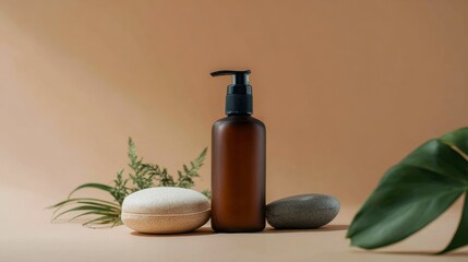 Amber cosmetic bottle with natural props on soft background for skincare branding advertisement packaging photography presentation display wellness product visuals