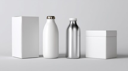 Minimal white packaging bottles on grey background for clean product branding advertisement photography presentation display design mockup visuals concept